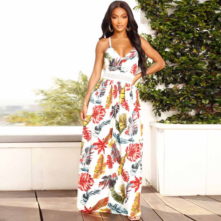 Spaghetti Strap Backless Casual Dress V Neck Summer Women's Sleeveless Boho Sexy Lace Patched Empire Slim Waist Maxi Dresses