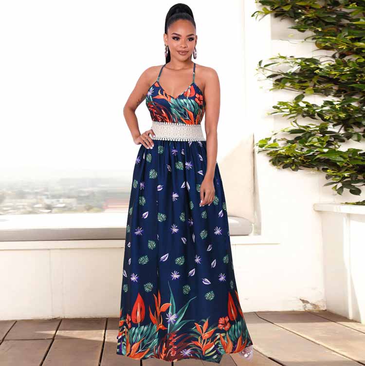 Spaghetti Strap Backless Casual Dress V Neck Summer Women's Sleeveless Boho Sexy Lace Patched Empire Slim Waist Maxi Dresses
