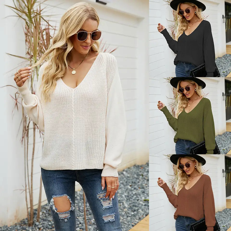 Women Autumn Winter Solid Color Batwing Sleeve Thick Knitting V-Neck Pullover Casual Sweater