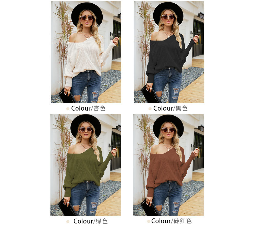 Women Autumn Winter Solid Color Batwing Sleeve Thick Knitting V-Neck Pullover Casual Sweater