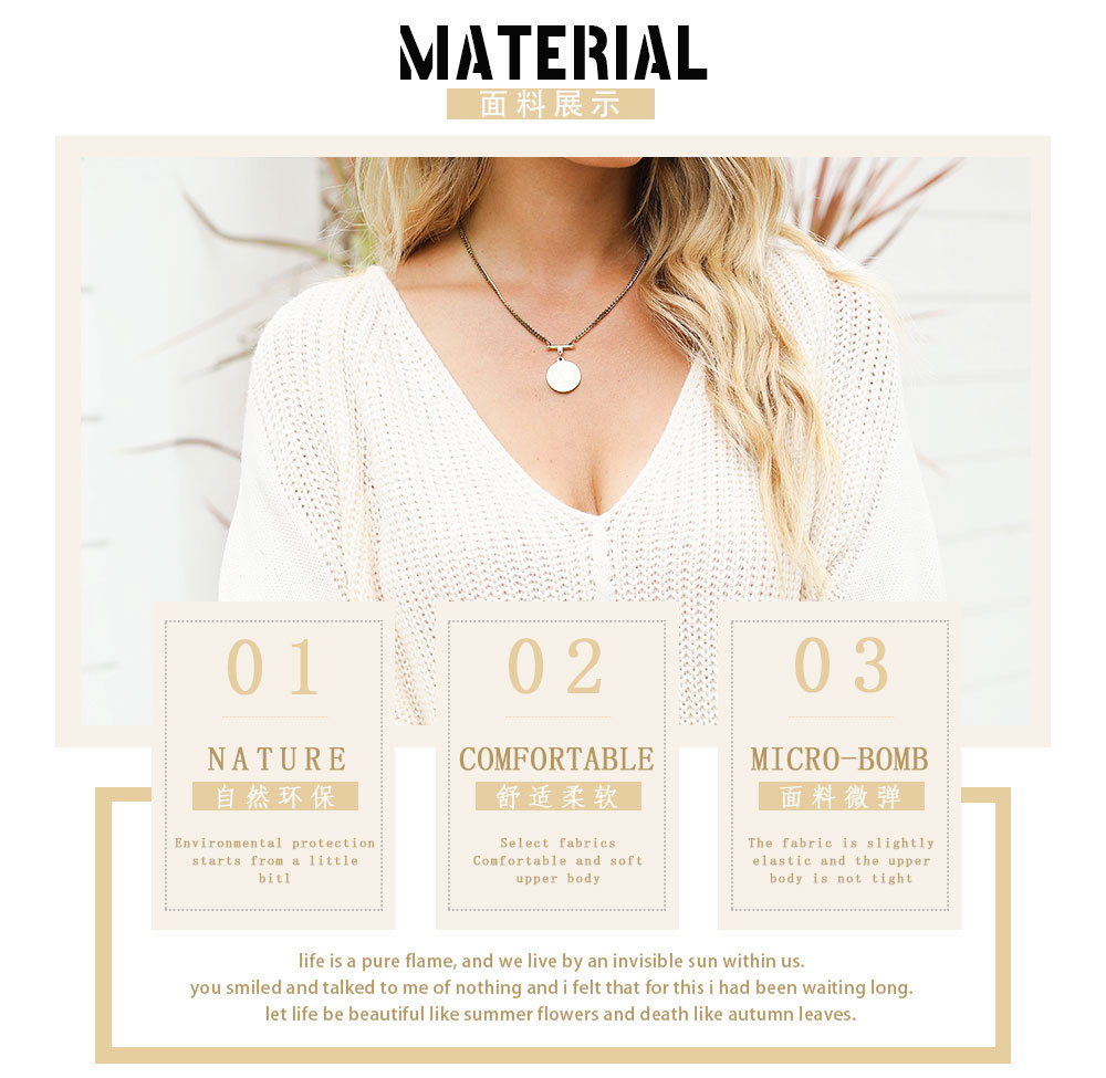 Women Autumn Winter Solid Color Batwing Sleeve Thick Knitting V-Neck Pullover Casual Sweater