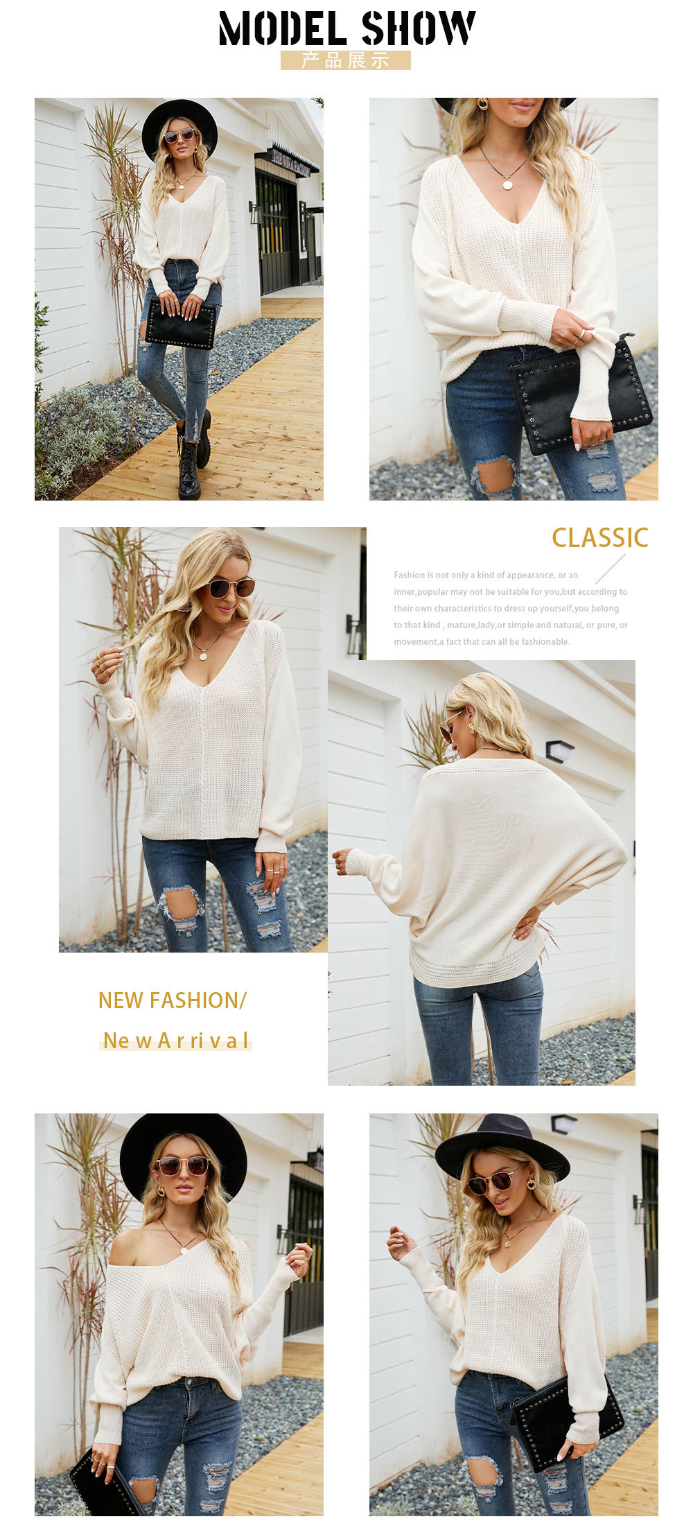 Women Autumn Winter Solid Color Batwing Sleeve Thick Knitting V-Neck Pullover Casual Sweater