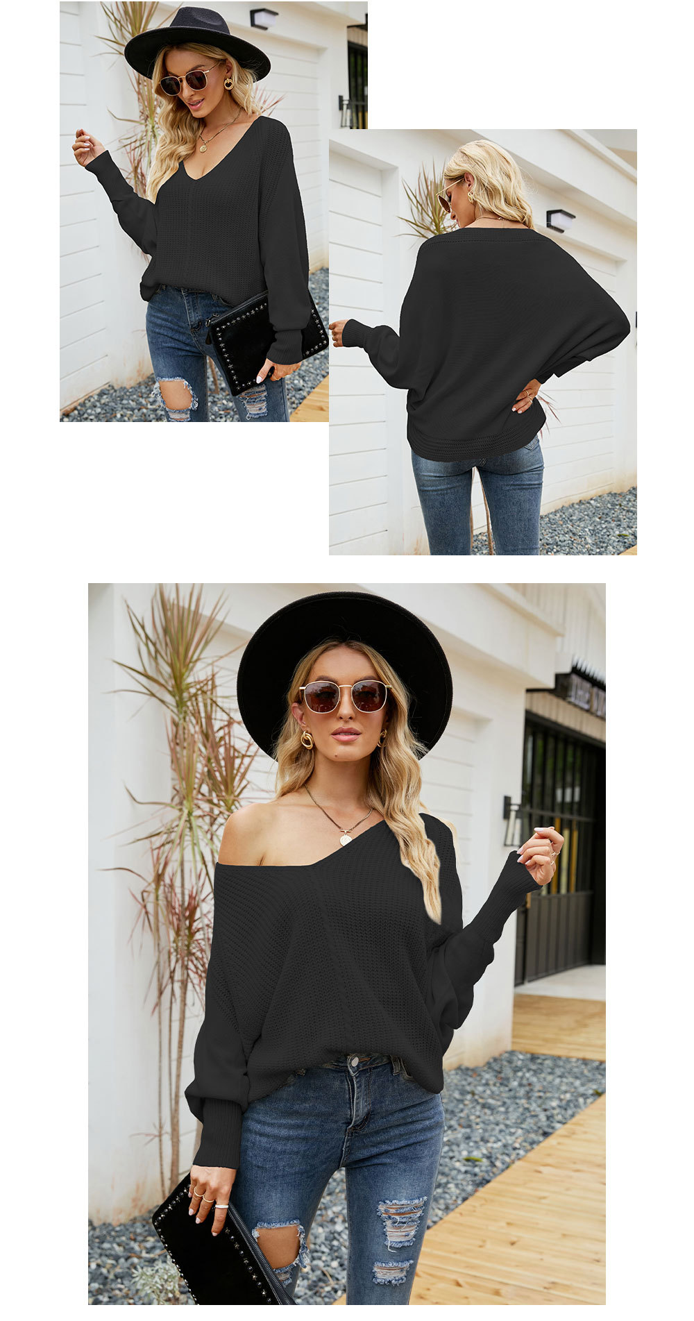 Women Autumn Winter Solid Color Batwing Sleeve Thick Knitting V-Neck Pullover Casual Sweater