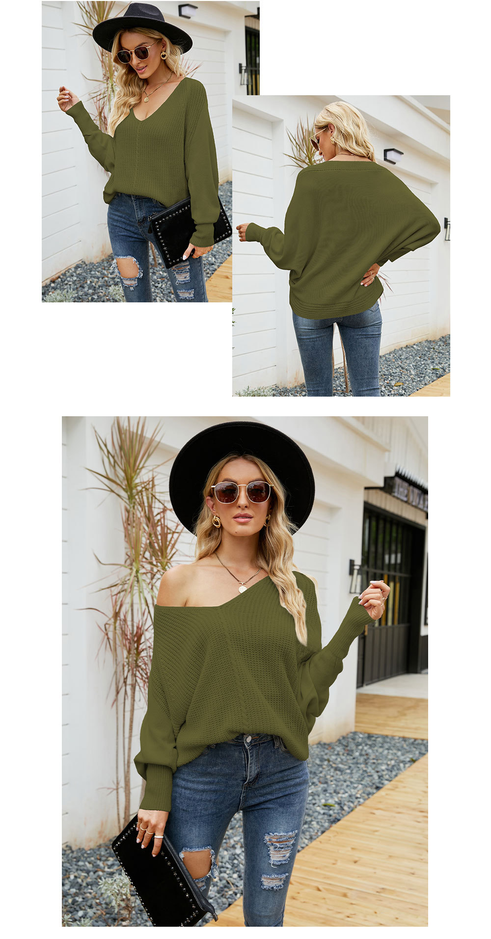 Women Autumn Winter Solid Color Batwing Sleeve Thick Knitting V-Neck Pullover Casual Sweater