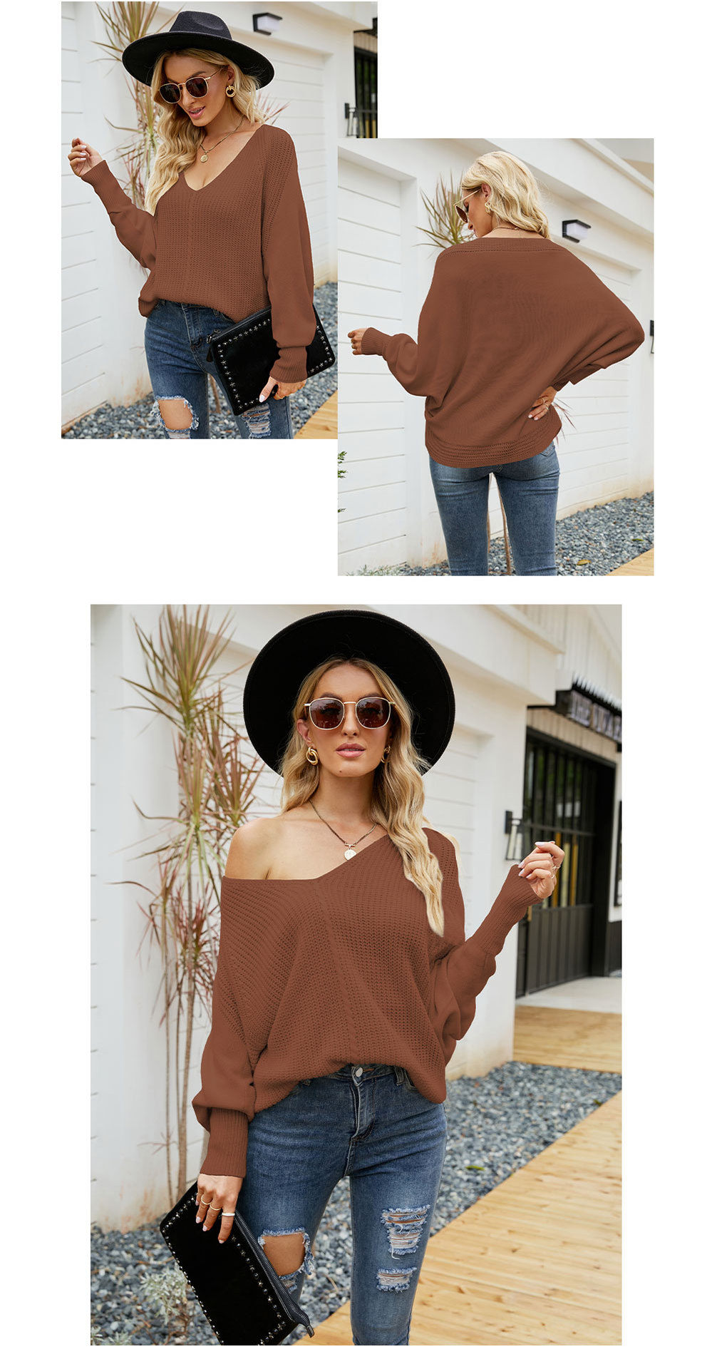 Women Autumn Winter Solid Color Batwing Sleeve Thick Knitting V-Neck Pullover Casual Sweater