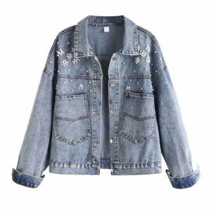 Women Clothing Blue Denim Jacket Beaded Pearls Loose Plue Size Boy Friend Lady Jeans Jacket