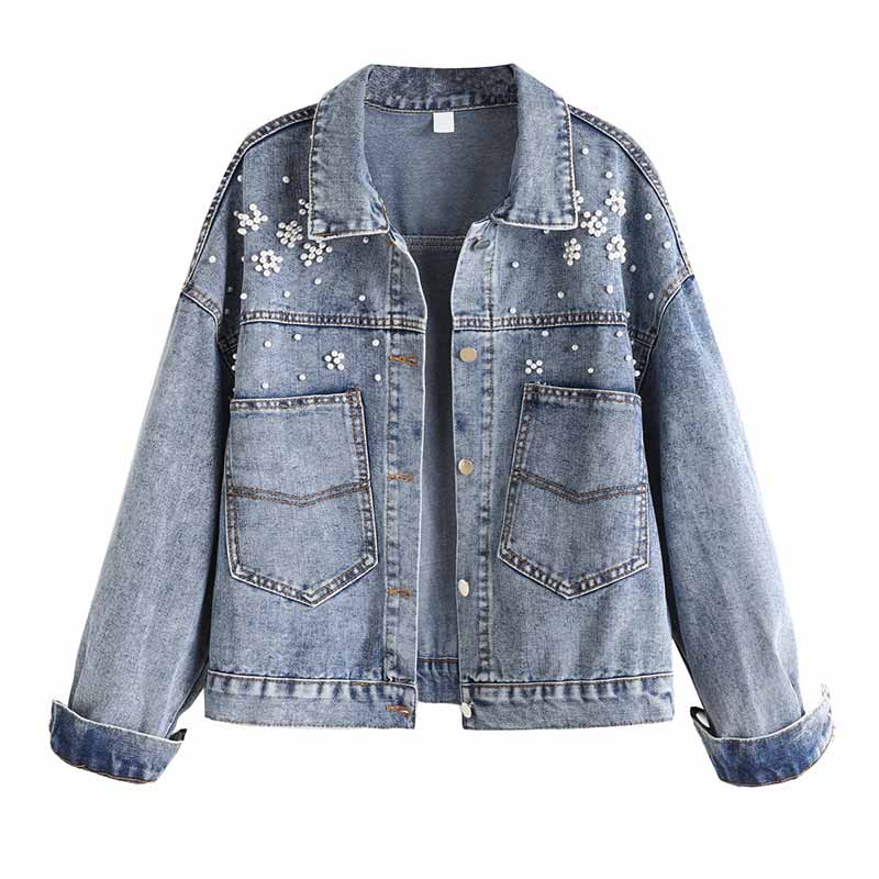 Women Clothing Blue Denim Jacket Beaded Pearls Loose Plue Size Boy Friend Lady Jeans Jacket