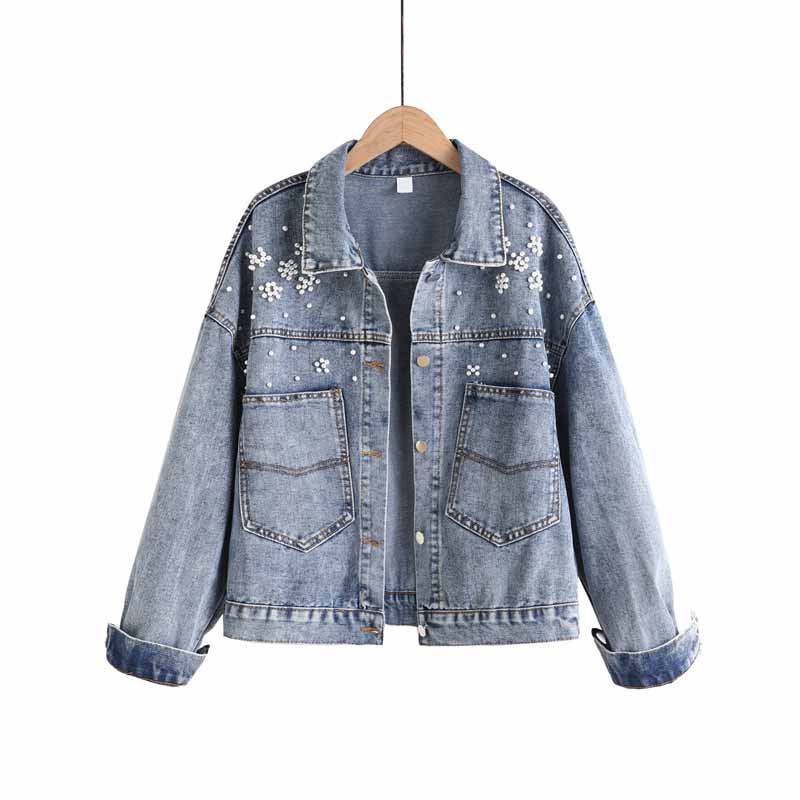 Women Clothing Blue Denim Jacket Beaded Pearls Loose Plue Size Boy Friend Lady Jeans Jacket