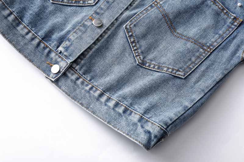 Women Clothing Blue Denim Jacket Beaded Pearls Loose Plue Size Boy Friend Lady Jeans Jacket