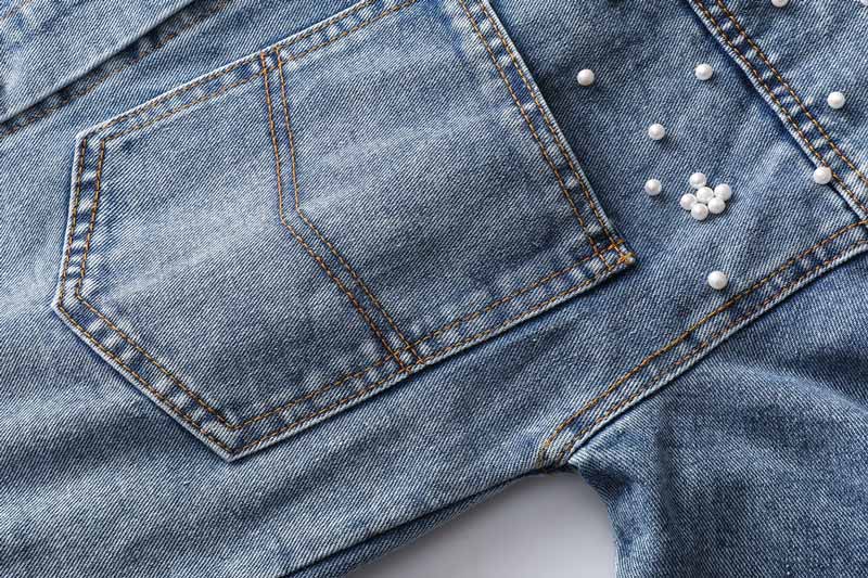 Women Clothing Blue Denim Jacket Beaded Pearls Loose Plue Size Boy Friend Lady Jeans Jacket