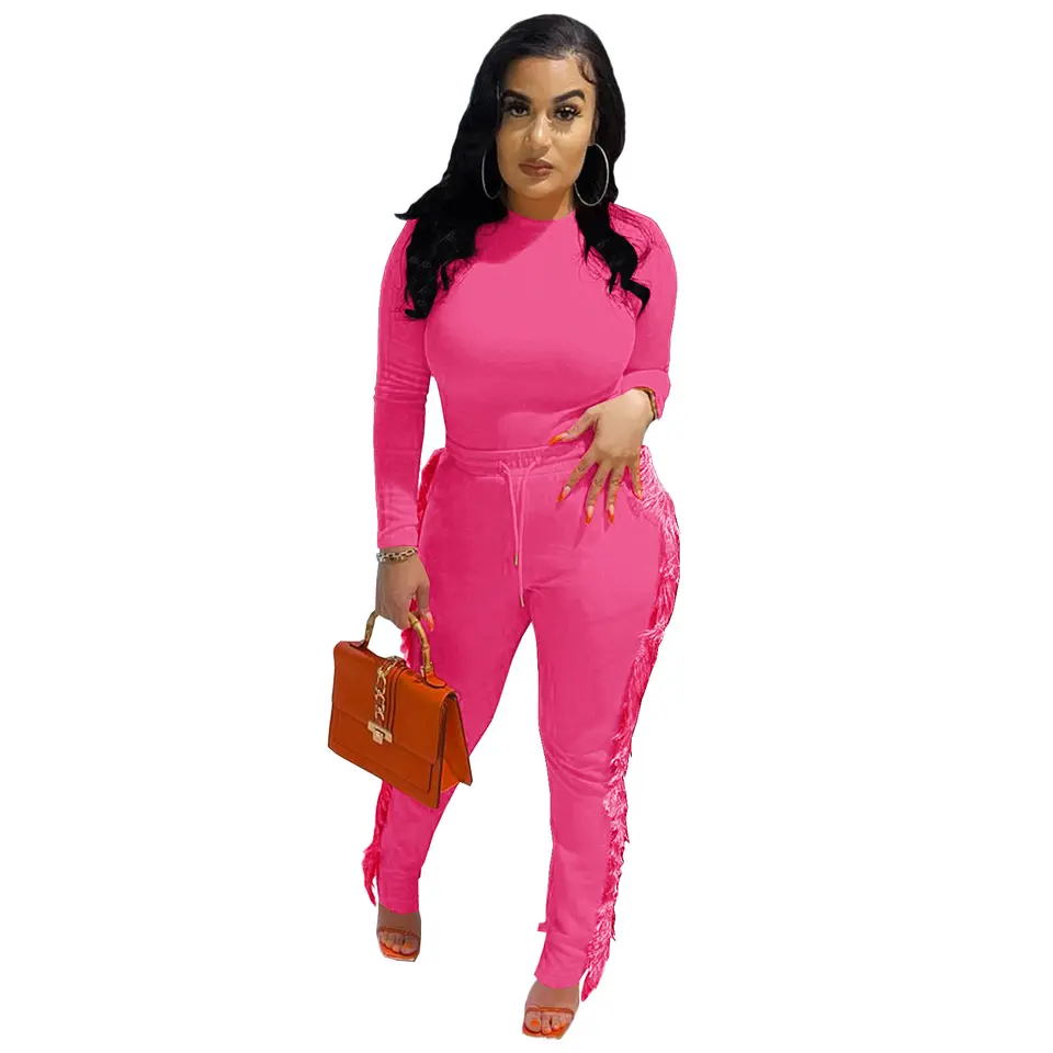 2021 Women's Clothing Fall and Winter Long Sleeve Top Drawstring Tassel Jogger Pants Sexy Slim Fit Fashion Two Piece Set