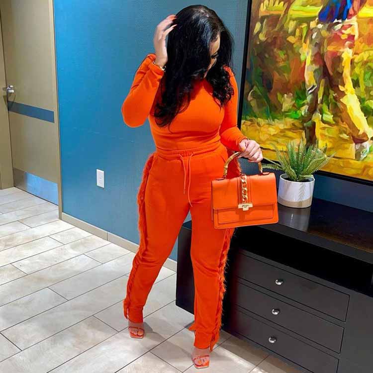 2021 Women's Clothing Fall and Winter Long Sleeve Top Drawstring Tassel Jogger Pants Sexy Slim Fit Fashion Two Piece Set 