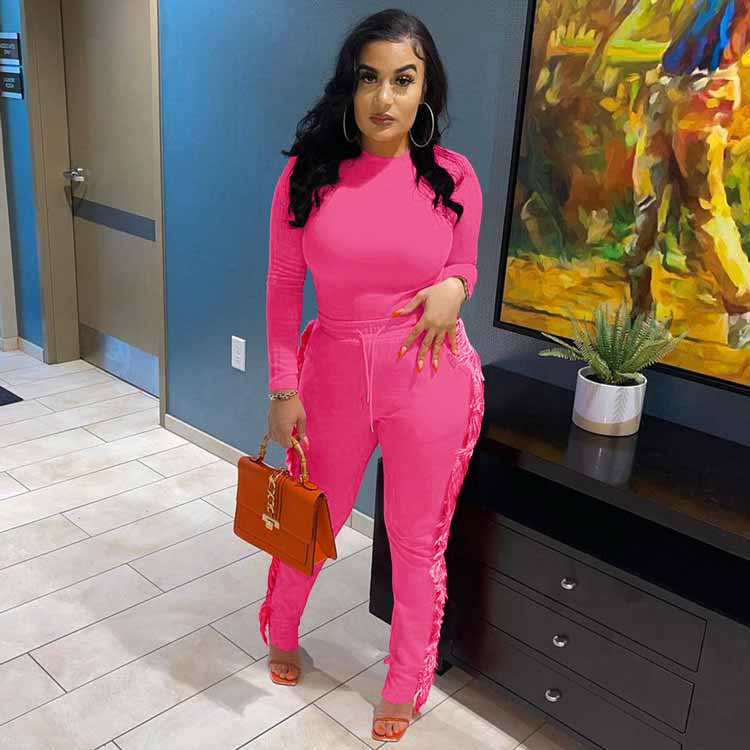 2021 Women's Clothing Fall and Winter Long Sleeve Top Drawstring Tassel Jogger Pants Sexy Slim Fit Fashion Two Piece Set 