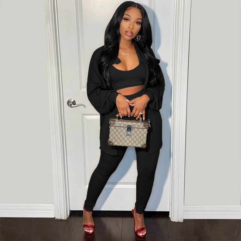 Women's Fashion Wear Single Breasted Cardigan Blouse Top Tube Bra Peancil Pants Three Piece Set
