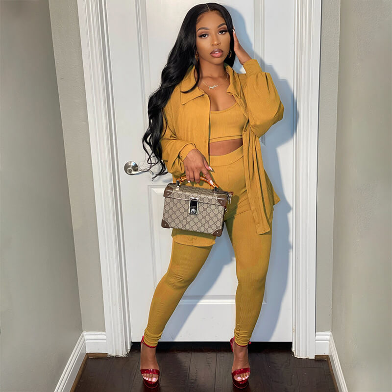 Women's Fashion Wear Single Breasted Cardigan Blouse Top Tube Bra Peancil Pants Three Piece Set
