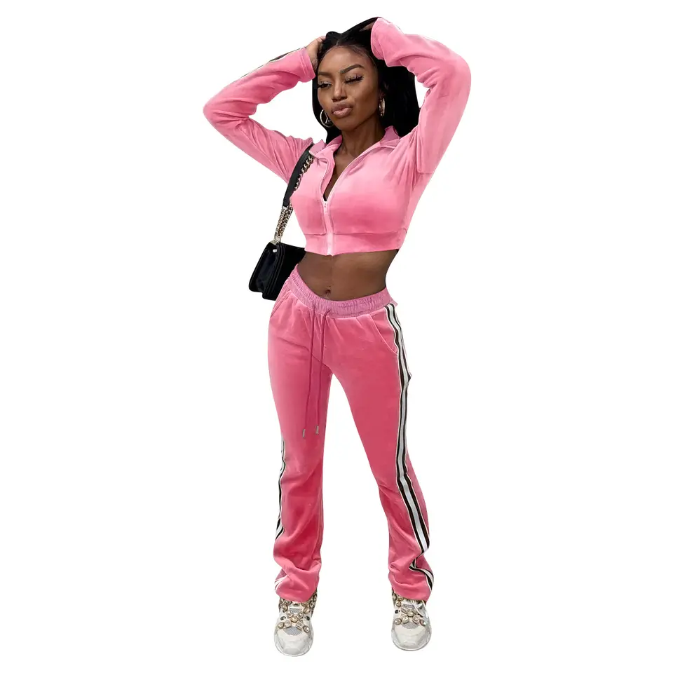Women's Velvet Tracksuit Fashion Crop Long Sleeve Jacket Pants Set Casual Two Piece Sweat Suit