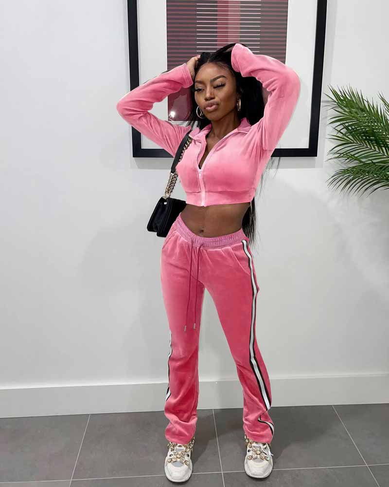 Women's Velvet Tracksuit Fashion Crop Long Sleeve Jacket Pants Set Casual Two Piece Sweat Suit
